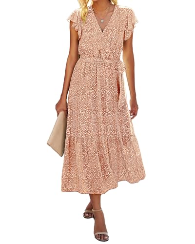 BTFBM Women Summer Bohemian Floral Casual Wrap V Neck Ruffle Cap Sleeveless Belt A-Line Pleated Hem Midi Sun Dress White