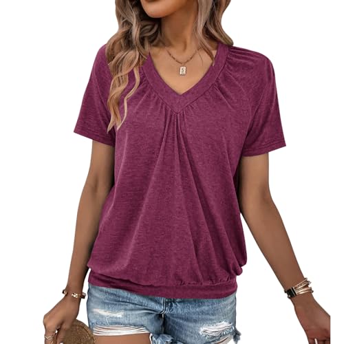 2 Pack Summer Tops for Women V Neck Shorts Sleeve Casual Ruched Tops Women T Shirts Clothes Trendy 2026