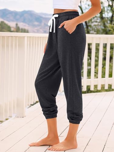 AUTOMET Women‘s High-Waisted Sweatpants with Pockets, Loose Lounge & Pajama Pants for Fall, Winter, Spring Yoga Travel BlackGrey L