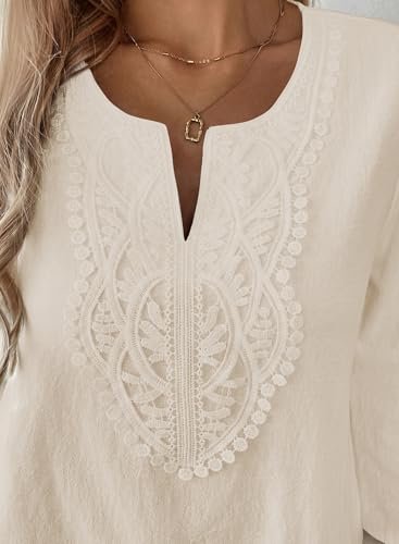 EVALESS Womens Tops Trendy 2026 Boho 3/4 Sleeve Embroidered Lace V Neck Business Work Blouses Dressy Casual Spring Fashion Outfits Parchment M