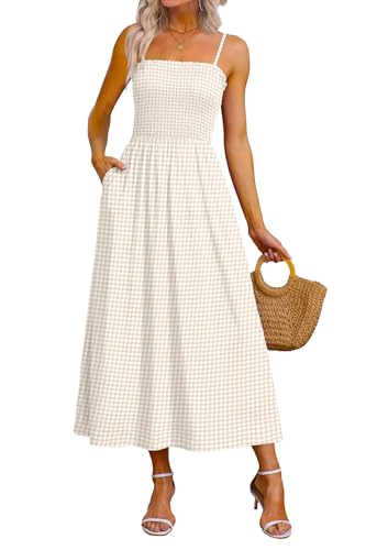 OFEEFAN Womens Spaghetti Strap Maxi Dresses Smocked with Pockets 2026 Summer Spring Casual Boho Beach Long Sundresses