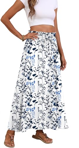 Askyes Long Skirts for Women High Waisted Casual Work Flowy Swing Long Skirts with Pockets,Water Plants,L