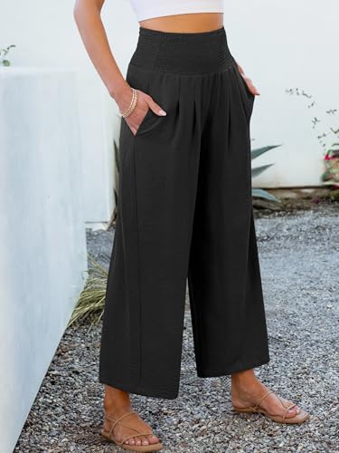 ANRABESS Womens Pants Wide Leg High Waisted Palazzo Pants Summer Flowy Beach Lounge Casual Trousers with Pockets Black Large