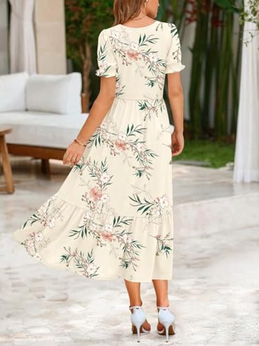 Zeagoo Casual Dress Summer Aline Dresses Short Sleeve Midi Sundresses Womens T-Shirt Dresses Square Neck Floral Vacation Dress with Pockets L