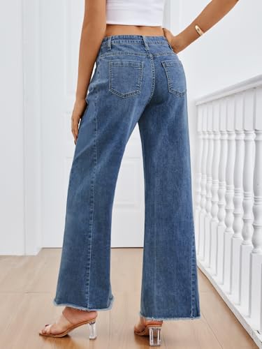Trendy Queen Women's Wide Leg Jeans, Relaxed Loose Straight Leg with Raw Hem, Comfort Denim Pants Blue 10