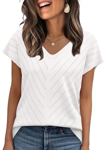 WIHOLL Short Sleeve Sweater for Women Trendy Womens Tops 2026 Summer V Neck T Shirts Cap Sleeve Beach Fashion Travel Outfits Vacation Clothes Ladies Tops Dressy Casual Lightweight Sweaters White M