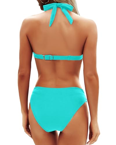 Yonique Women Two Piece Bathing Suits Push Up Bikini Set Halter Swimsuit Vintage Swimwear Aqua Green L