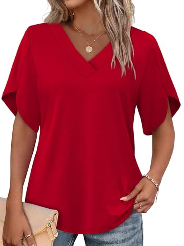 WIHOLL Womens Summer Tops 2026 Short Sleeve Shirts Loose Fit Blouses for Women Dressy Casual Fashion Clothes Date Outfits Beach Vacation Traval Outfits Red XL