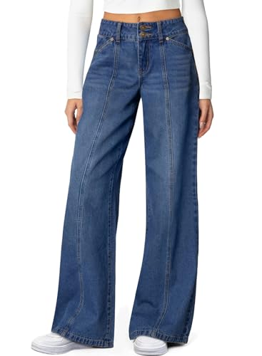 Sidefeel Womens Wide Leg Jeans High Waisted Straight Leg Stretchy Jeans Trendy Seamed Front Loose Denim Pants Blue Size 12