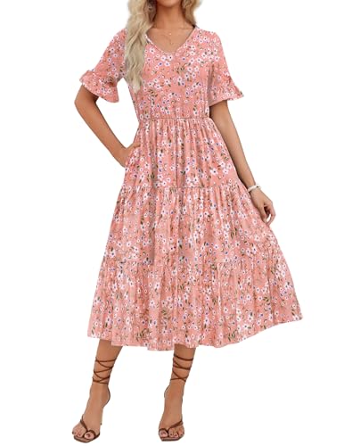 Zeagoo Women's Summer Flowy Midi Dress Casual Ruffle Sleeve V Neck Beach Dress Tiered Floral Flowy Beach Dress
