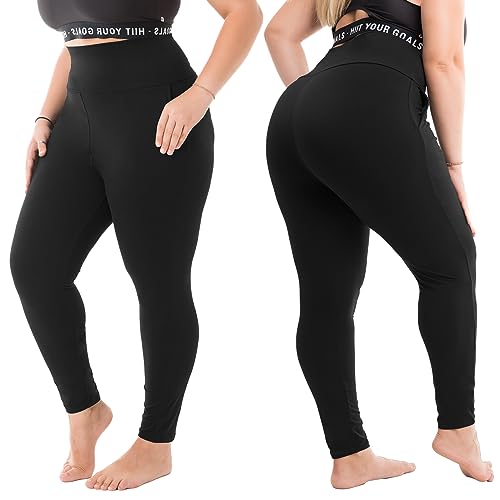 Walifrey Plus Size Leggings with Pockets for Women, High Waist Opaque Tummy Control Leggings Black XXL