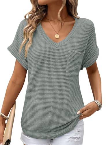 Dokotoo Womens Summer Tops for Women Blouses 2026 Early Spring Fashion Clothing Outfits Tops Trendy Blouses Business Dressy Sweaters Casual Cute Tunic Waffle Knit Oversized Tshirts T Shirts Basic Tee