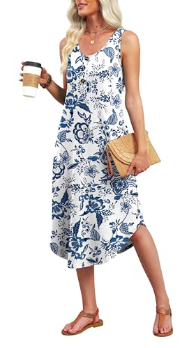WIHOLL Summer Dresses for Women 2026 Flowy Boho Hawaiian Beach Vacation Casual Dresses for Women Spring Dress Cruise Outfits Resort Wear Sun Dress Midi Maxi Dress Sundresses Blue Floral M