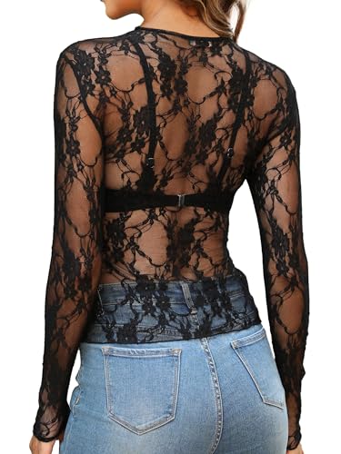 OFEEFAN Womens Tops Going Out Women's Clothing Long Sleeve Shirts Summer Beach Vacation Clothes Business Casual Outfits Country Concert Western Fall Fashion 2026 Crewneck Undershirts Floral Black L