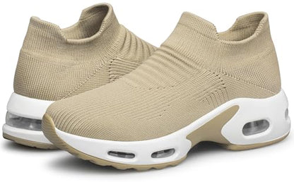DOUSSPRT Womens Walking Shoes Sock Casual Ladies Fashion Sneakers Comfortable Slip On Air Cushion Platform YellowBrownWhite 8.5