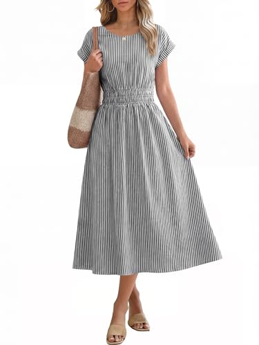 ANRABESS Womens Summer Midi Dress Striped Casual Short Sleeve Crewneck Empire Waist 2026 Flowy Long Beach Dress with Pockets Black White Stripe Medium