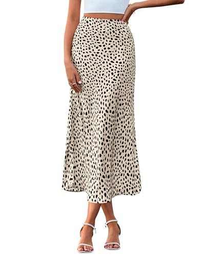 BTFBM Satin Skirts for Women Trendy Spring Summer 2026 High Waisted Leopard Print Cocktail Wedding Long Silk Midi Skirt(Dot Apricot Black, Medium)