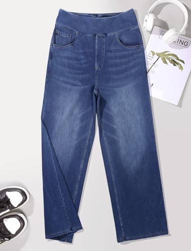 DLOODA Women's Wide Leg Jeans High Waisted Stretchy Denim Pants Elastic Waist Pull On Sweatpant Jeans Trendy Baggy Loose Medium Blue