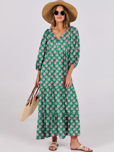 ANRABESS Womens Boho Maxi Dresses 2026 Summer V Neck Puff Sleeve Floral Flowy Swing Fall Casual Long Dress Green Small