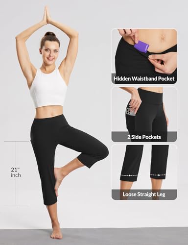 baleaf Yoga Pants for Women Capris High Waist Leggings with Pockets Wide Leg Exercise Workout Crop Straight Open Bottom Black L