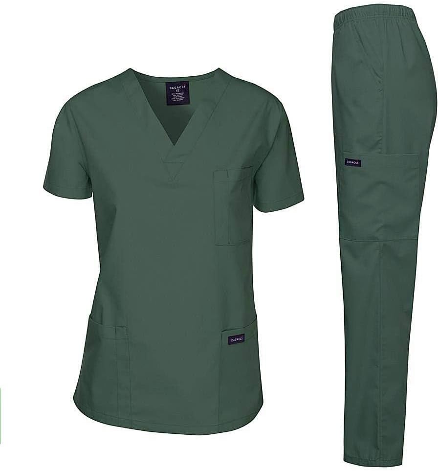 Medical Scrubs Set Unisex - V-Neck Top and Elastic Waist Pants Uniform for Healthcare Workers Hunter Green