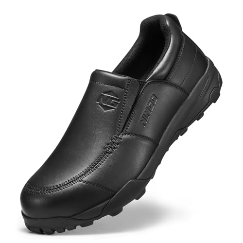 NINGO Slip On Steel Toe Shoes for Men, Lightweight Comfortable Safety Shoes for Men, Water & Slip Resistant Loafers with Puncture Proof, EH Protection for Warehouse, Factory & Outdoor Black