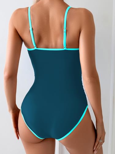 Eomenie Women's One Piece Swimsuit Tummy Control Slimming Bathing Suit Color Block Spaghetti Strap 1 Piece Swim Suit Swimwear