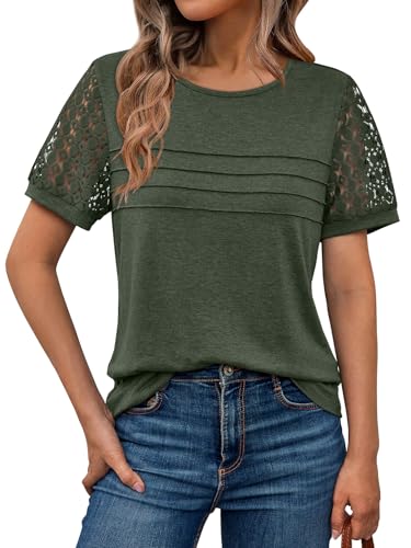 AUTOMET Short Sleeve Shirts for Women Summer Tops 2026 Spring Fashion Dressy Casual Outfits Lace Trendy Top Cute Work T Shirt Business Vacation Clothes Blouses Army Green L