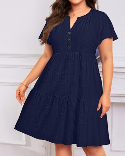 Talisea Navy Blue Dress for Women Plus Size Eyelet Summer Casual Beach Work Short Sleeve Ruffle Tiered Button Flowy Sundress