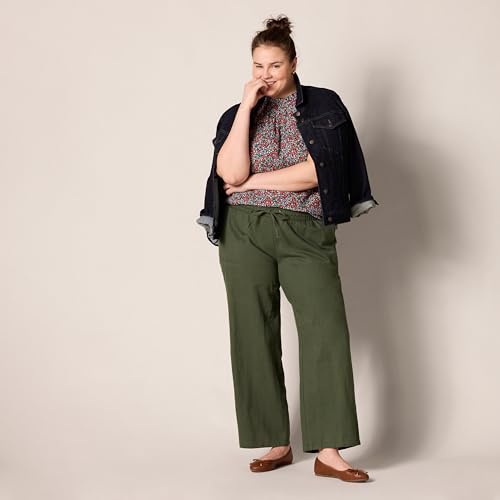 Amazon Essentials Women's Pull On Linen Blend Drawstring Relaxed Fit Wide Leg Pant, Dark Olive, Medium