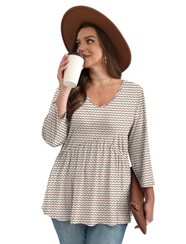 OFEEFAN Plus Size Women Blouses Ladies 3/4 Length Sleeve Tops 2025 Chocolate Brown Fall Clothing Spring Tshirts Shirts for Women Babydoll Tunic Top Cowgirl Western Outfits 2XL