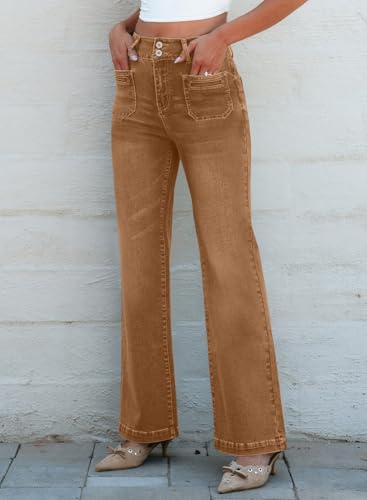 Sidefeel Women's Wide Leg Jeans Woman Fall Outfit Trendy Stretchy High Waisted Straight Leg Denim Pants Brown Size 8