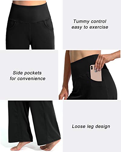 Promover Petite Wide Leg Black Pants for Women Stretchy Yoga Pants with Pockets High Waist Dress Work Pants(Black,M,29")