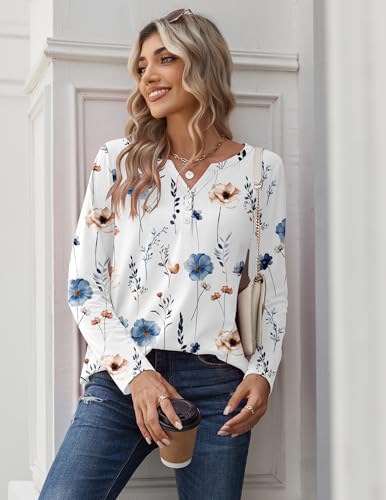 Zeagoo Long Sleeve Shirts for Women Casual Henley V Neck Fall Tops Business Work Blouses Clothes Floral White