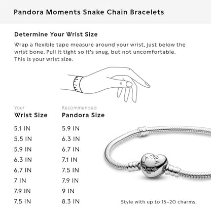 PANDORA Heart Clasp Snake Chain Bracelet - Heart Clasp - Romantic Jewelry for Her with Gift Box - Compatible Moments Charms - Sterling Silver - 7.5"