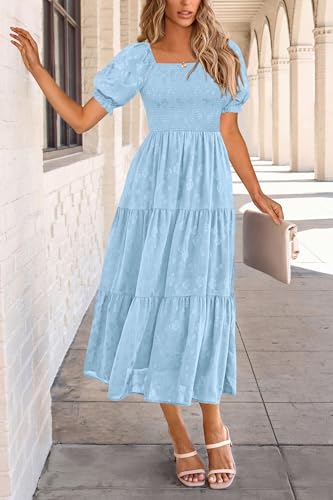 PRETTYGARDEN Women's 2026 Summer Casual Midi Dresses Square Neck Short Sleeve Smocked A Line Floral Flowy Elegant Boho Dress (Light Blue,Small)