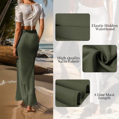 Outoshe Women's Satin High Waisted Maxi Skirts Hidden Elasticized Waistband A Line Long Skirt Army Green