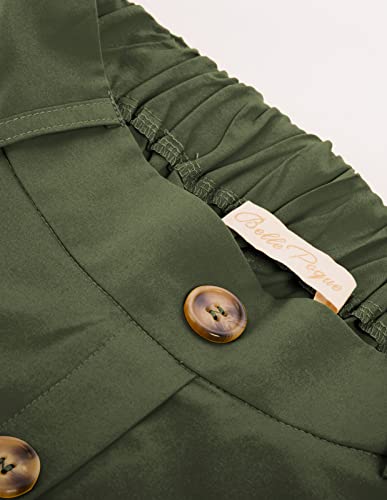 Belle Poque Women's Summer High Waisted A-Line Midi Skirt Button Front A-Line Skirt with Pocket Army Green S