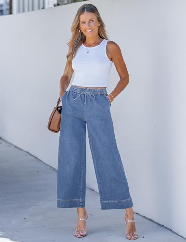 luvamia Wide Leg Crop Jeans Woman Denim Capris for Women Wide Leg Pants Medium Blue Medium Fits Size 8 / Size 10