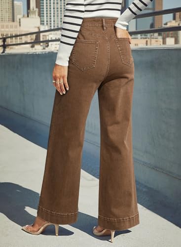 Dokotoo Womens Casual High Waisted Jeans for Women Straight Wide Leg Loose Stretch Denim Pants Brown Size 6