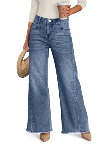 Trendy Queen Women's Wide Leg Jeans, Relaxed Loose Straight Leg with Raw Hem, Comfort Denim Pants Blue 10