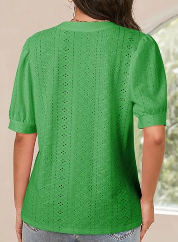 Dokotoo Shirts for Women Short Sleeve Lace Tops for Women Trendy 2026 Dressy Casual Blouses V Neck Summer Ladies Tops Business Casual Outfits for Womens Clothing Elegant Kelly Green Shirts for Women L