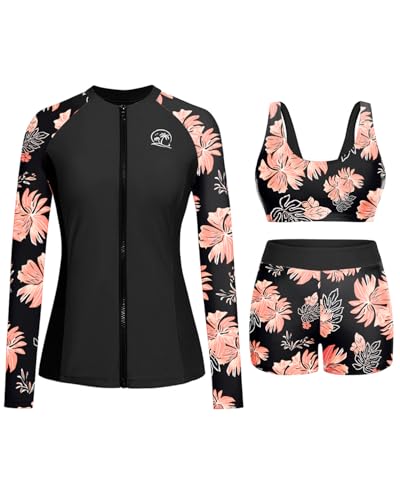 Holipick Orange Floral Long Sleeve Swimsuits for Women - 3 Piece Rash Guard with Shorts Zipper SPF Swim Shirt with Built in Bra L