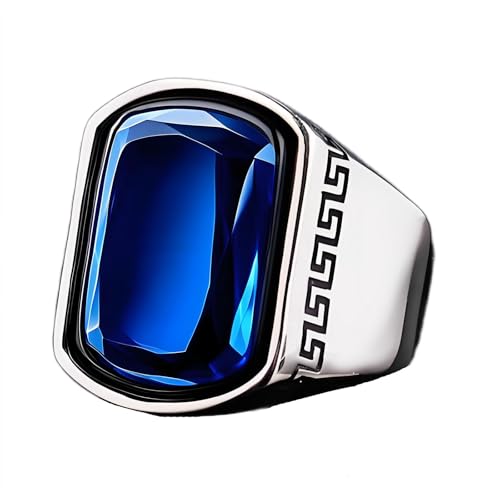 EKJQB Sterling Silver 5CT Sapphire Signet Men's Ring Square Genuine Sapphire Ring Handcrafted Vintage Textured Band Groom Jewelry Engagement Wedding Christmas Gift for Husband
