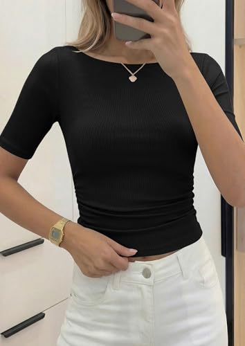 PRETTYGARDEN Womens Summer Short Sleeve Tops Boat Neck Ribbed Knit Slim Fit T Shirt Casual Basic Top 2026 Spring Clothes (Black,Large)
