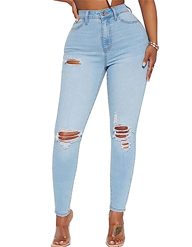 Mom Jeans - SheKiss Boyfriend Stretchy Jeans for Women Distressed Frayed High Waisted Trendy Denim Blue Jeans Lightblue710