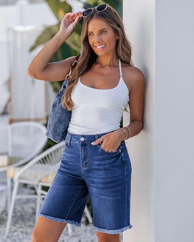 luvamia Womens Bermuda Shorts with Pockets Summer Shorts for Women Trendy Knee Length Short Women Jorts Classic Blue Size Medium Fits US 8-10