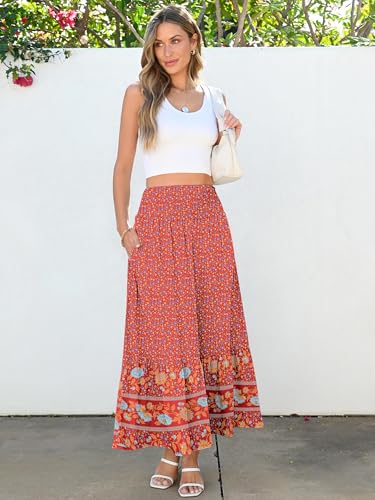 ANRABESS Maxi Skirts for Women 2026 Summer Boho Long Flowy Floral Elastic High Waist Skirt Casual Travel Skirt with Pockets Red Blue Floral Medium