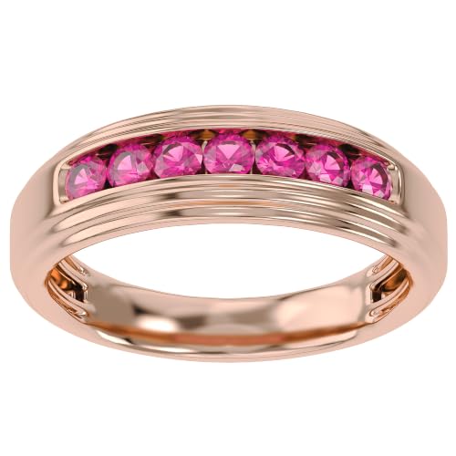 Men's Wedding Band Ring 2.7mm Round Cut Ruby Lab Grown Gemstone Channel Set 7-Stone Engagement Rings In 14K Rose Gold Plated 925 Sterling Silver Size 8