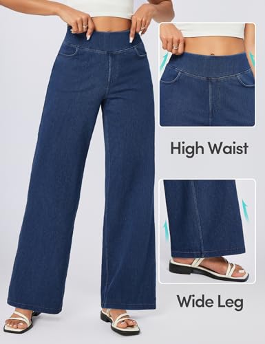 IUGA Wide Leg Jeans Woman High Waisted Pull On Baggy Jeans for Women Stretchy Trendy Womens Jean Straight Casual Denim Pants Dark Blue